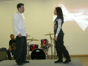 Benjamin Ocasio Jr. (left) ministers in a skit at a youth retreat. By: Stephanie Rockliss